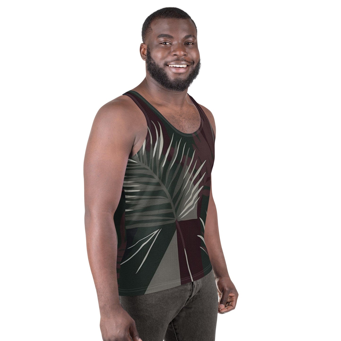 Mens Stretch Fit Tank Top - Palm Tree Leaves Maroon Green Background