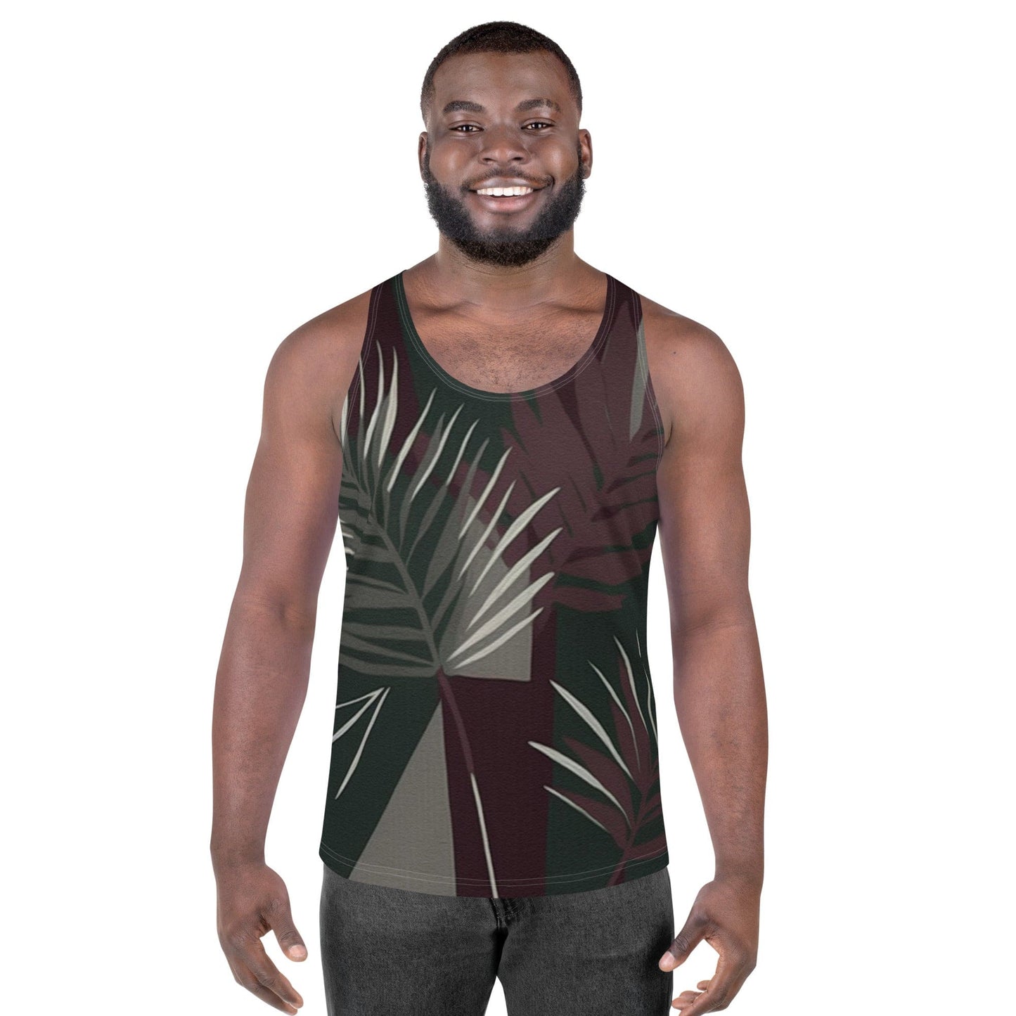 Mens Stretch Fit Tank Top - Palm Tree Leaves Maroon Green Background