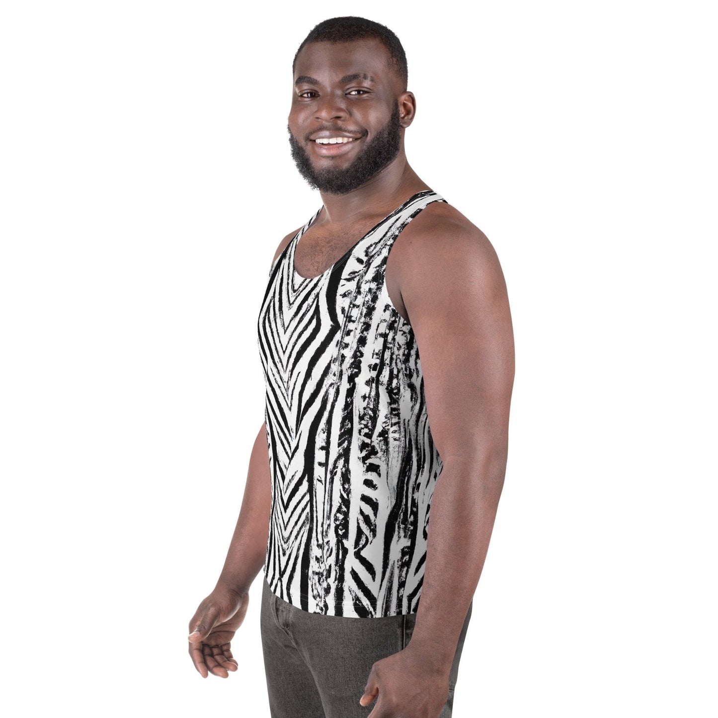 Mens Stretch Fit Tank Top - Black White Native Print