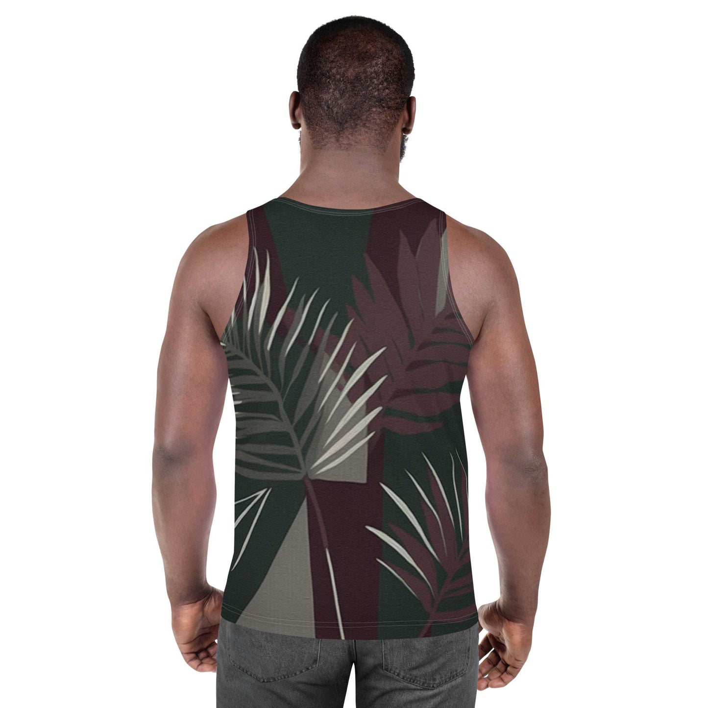 Mens Stretch Fit Tank Top - Palm Tree Leaves Maroon Green Background