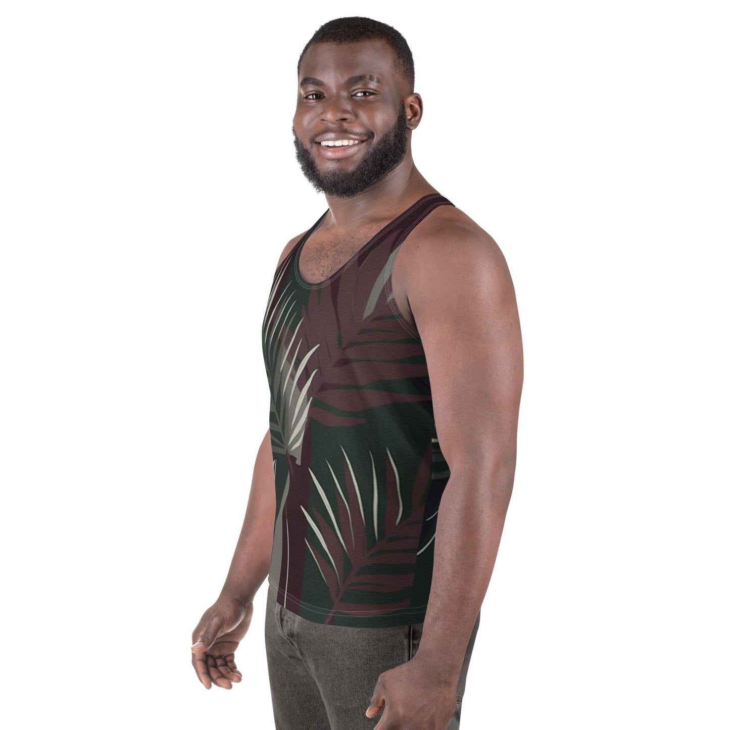 Mens Stretch Fit Tank Top - Palm Tree Leaves Maroon Green Background