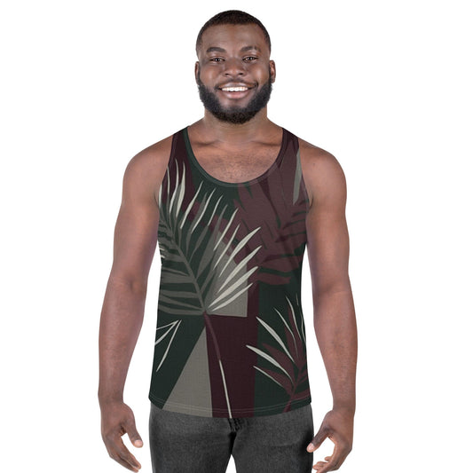 Mens Stretch Fit Tank Top - Palm Tree Leaves Maroon Green Background